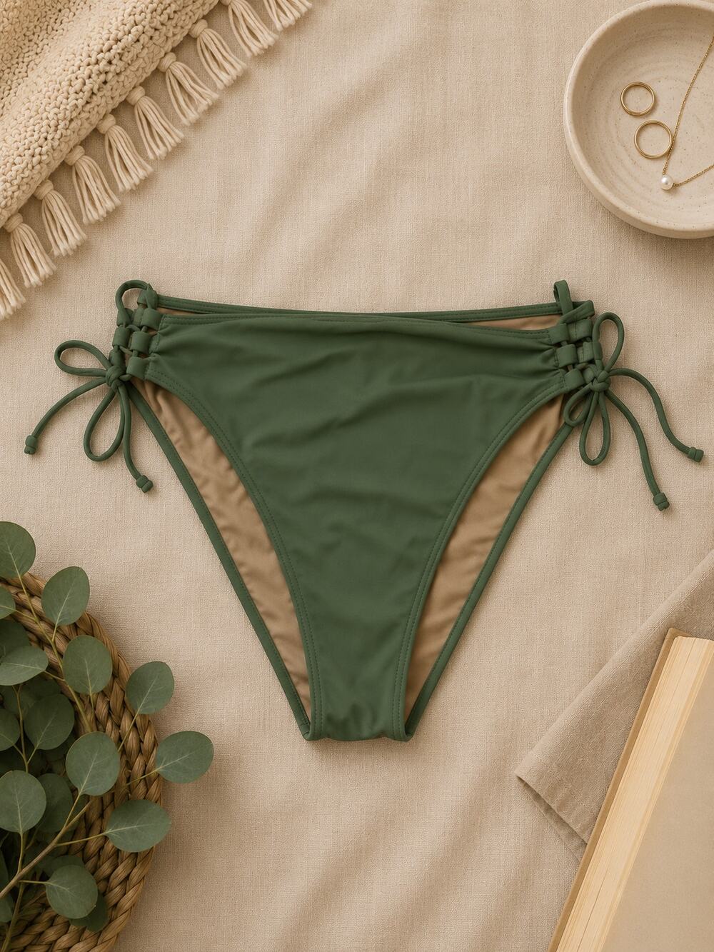 Shade & Shore Lace-Up Side High Leg Bikini Bottoms Olive Green Coastal Size XL